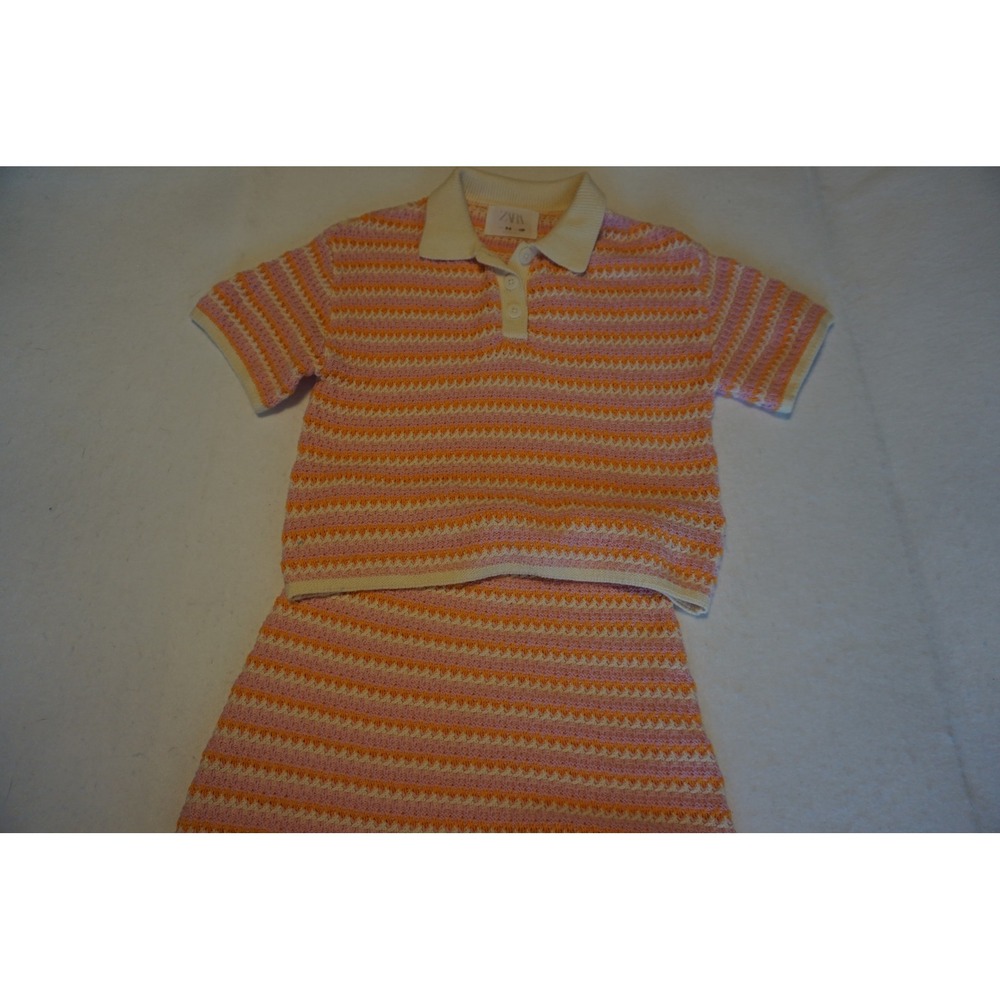 Zara Kids Girls Pink Orange Striped Knit Polo Top and Skirt Set Size 8-9 130